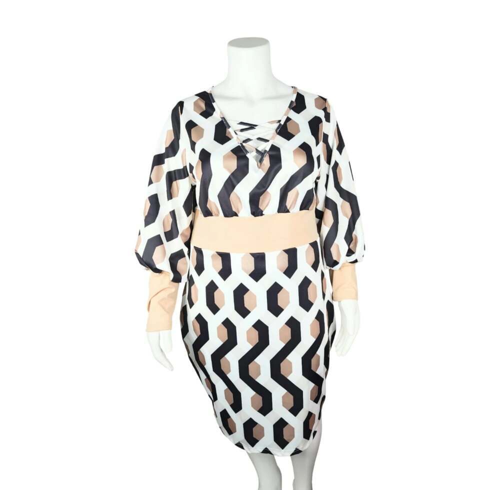 Geometric Print Lace-Up Long Sleeve Dress Plus Size 2XL